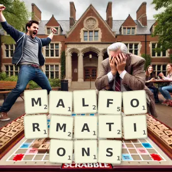 Creative illustration for a Scrabble game with the word MALFORMATIONS spelled out in tiles on the board.