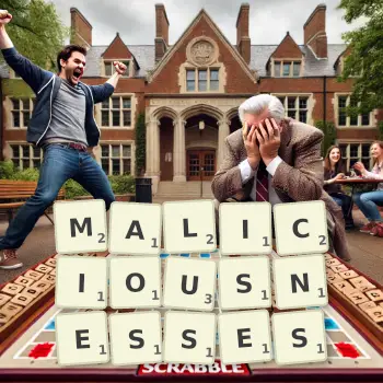 Creative illustration for a Scrabble game with the word MALICIOUSNESSES spelled out in tiles on the board.
