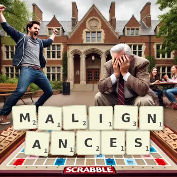 Creative illustration for a Scrabble game with the word MALIGNANCES spelled out in tiles on the board.
