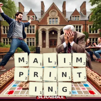 Creative illustration for a Scrabble game with the word MALIMPRINTING spelled out in tiles on the board.