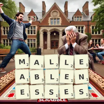 Creative illustration for a Scrabble game with the word MALLEABLENESSES spelled out in tiles on the board.