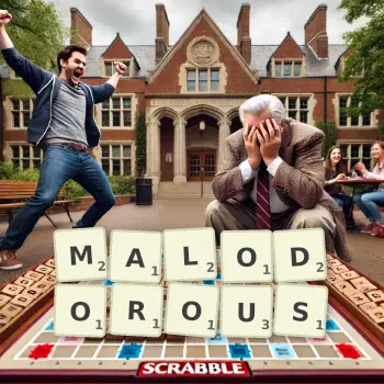 Creative illustration for a Scrabble game with the word MALODOROUS spelled out in tiles on the board.