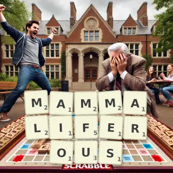 Creative illustration for a Scrabble game with the word MAMMALIFEROUS spelled out in tiles on the board.