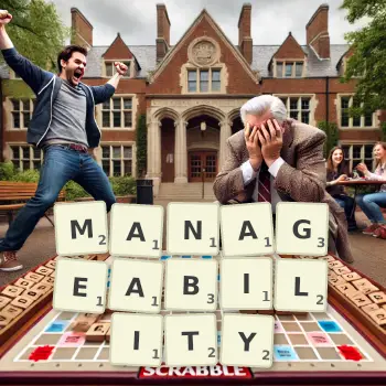 Creative illustration for a Scrabble game with the word MANAGEABILITY spelled out in tiles on the board.