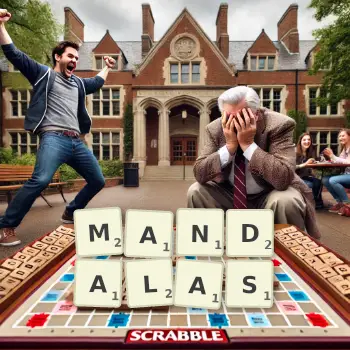 Creative illustration for a Scrabble game with the word MANDALAS spelled out in tiles on the board.