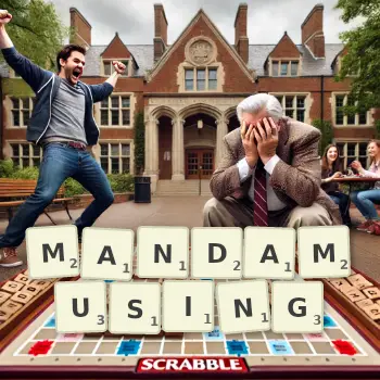 Creative illustration for a Scrabble game with the word MANDAMUSING spelled out in tiles on the board.