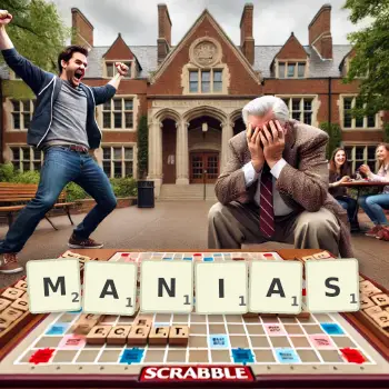 Creative illustration for a Scrabble game with the word MANIAS spelled out in tiles on the board.