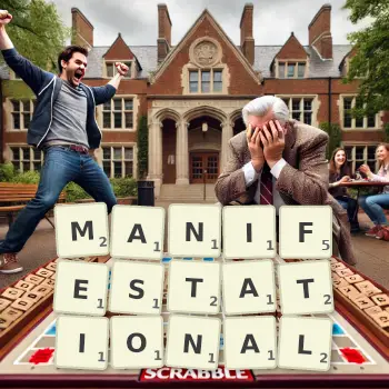 Creative illustration for a Scrabble game with the word MANIFESTATIONAL spelled out in tiles on the board.