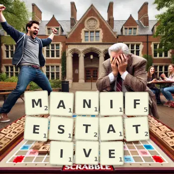 Creative illustration for a Scrabble game with the word MANIFESTATIVE spelled out in tiles on the board.