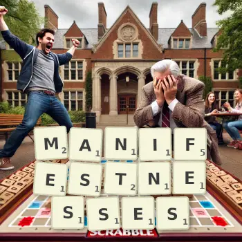 Creative illustration for a Scrabble game with the word MANIFESTNESSES spelled out in tiles on the board.