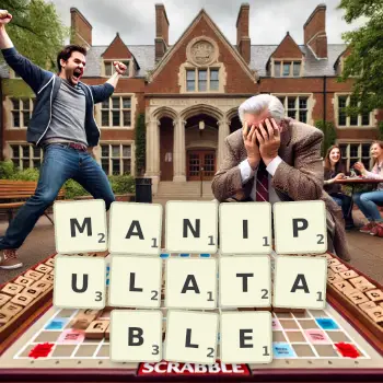 Creative illustration for a Scrabble game with the word MANIPULATABLE spelled out in tiles on the board.