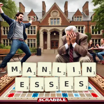 Creative illustration for a Scrabble game with the word MANLINESSES spelled out in tiles on the board.