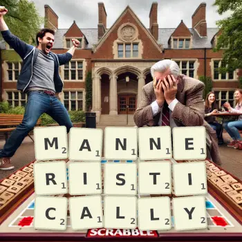 Creative illustration for a Scrabble game with the word MANNERISTICALLY spelled out in tiles on the board.