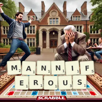Creative illustration for a Scrabble game with the word MANNIFEROUS spelled out in tiles on the board.