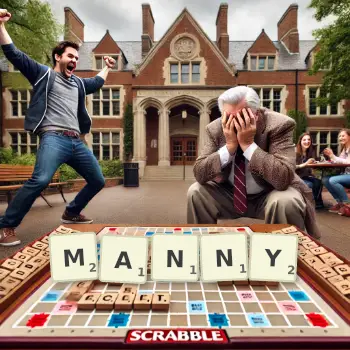 Creative illustration for a Scrabble game with the word MANNY spelled out in tiles on the board.