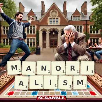 Creative illustration for a Scrabble game with the word MANORIALISM spelled out in tiles on the board.