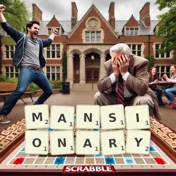 Creative illustration for a Scrabble game with the word MANSIONARY spelled out in tiles on the board.