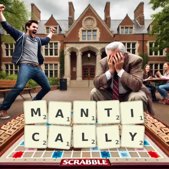 Creative illustration for a Scrabble game with the word MANTICALLY spelled out in tiles on the board.