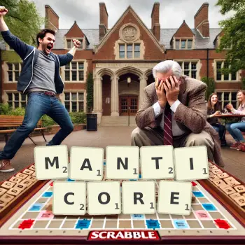 Creative illustration for a Scrabble game with the word MANTICORE spelled out in tiles on the board.