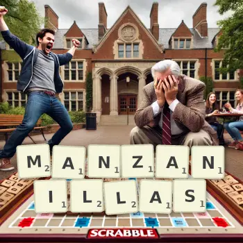 Creative illustration for a Scrabble game with the word MANZANILLAS spelled out in tiles on the board.