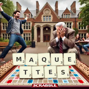 Creative illustration for a Scrabble game with the word MAQUETTES spelled out in tiles on the board.