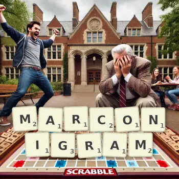 Creative illustration for a Scrabble game with the word MARCONIGRAM spelled out in tiles on the board.