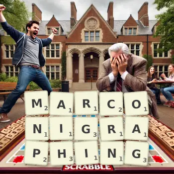 Creative illustration for a Scrabble game with the word MARCONIGRAPHING spelled out in tiles on the board.