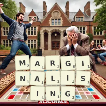 Creative illustration for a Scrabble game with the word MARGINALISING spelled out in tiles on the board.