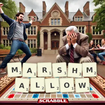 Creative illustration for a Scrabble game with the word MARSHMALLOW spelled out in tiles on the board.