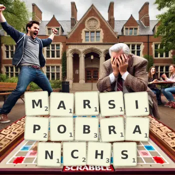 Creative illustration for a Scrabble game with the word MARSIPOBRANCHS spelled out in tiles on the board.