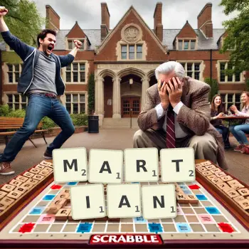 Creative illustration for a Scrabble game with the word MARTIAN spelled out in tiles on the board.