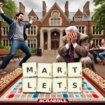 Creative illustration for a Scrabble game with the word MARTLETS spelled out in tiles on the board.