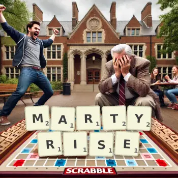 Creative illustration for a Scrabble game with the word MARTYRISE spelled out in tiles on the board.