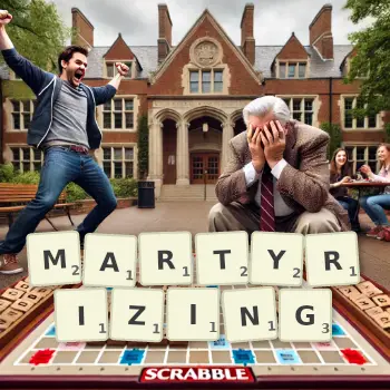Creative illustration for a Scrabble game with the word MARTYRIZING spelled out in tiles on the board.