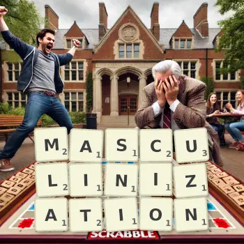 Creative illustration for a Scrabble game with the word MASCULINIZATION spelled out in tiles on the board.