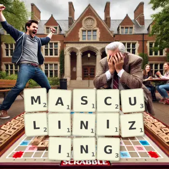 Creative illustration for a Scrabble game with the word MASCULINIZING spelled out in tiles on the board.