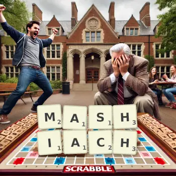 Creative illustration for a Scrabble game with the word MASHIACH spelled out in tiles on the board.