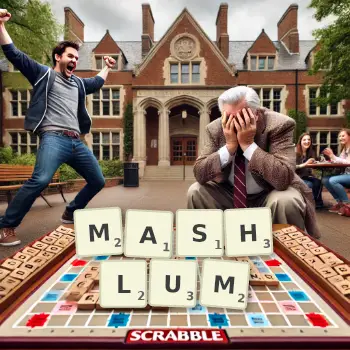 Creative illustration for a Scrabble game with the word MASHLUM spelled out in tiles on the board.
