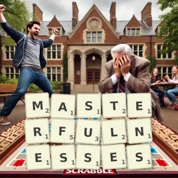 Creative illustration for a Scrabble game with the word MASTERFULNESSES spelled out in tiles on the board.