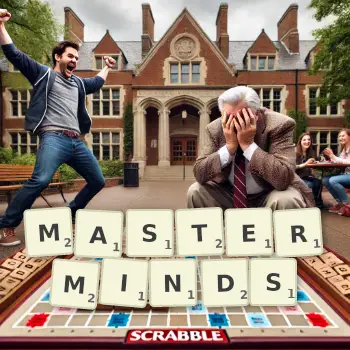 Creative illustration for a Scrabble game with the word MASTERMINDS spelled out in tiles on the board.