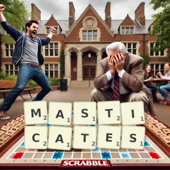 Creative illustration for a Scrabble game with the word MASTICATES spelled out in tiles on the board.