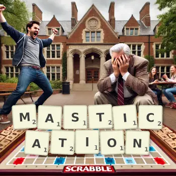 Creative illustration for a Scrabble game with the word MASTICATION spelled out in tiles on the board.