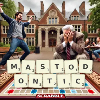 Creative illustration for a Scrabble game with the word MASTODONTIC spelled out in tiles on the board.