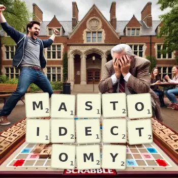 Creative illustration for a Scrabble game with the word MASTOIDECTOMY spelled out in tiles on the board.