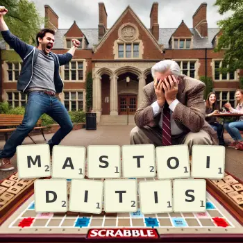Creative illustration for a Scrabble game with the word MASTOIDITIS spelled out in tiles on the board.