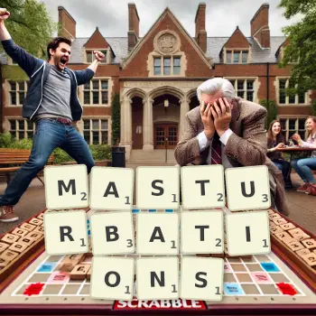 Creative illustration for a Scrabble game with the word MASTURBATIONS spelled out in tiles on the board.