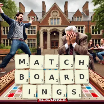 Creative illustration for a Scrabble game with the word MATCHBOARDINGS spelled out in tiles on the board.