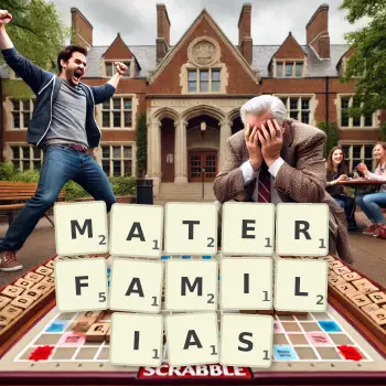 Creative illustration for a Scrabble game with the word MATERFAMILIAS spelled out in tiles on the board.