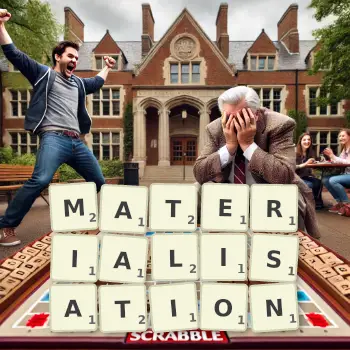 Creative illustration for a Scrabble game with the word MATERIALISATION spelled out in tiles on the board.