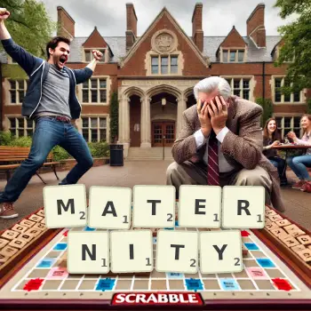 Creative illustration for a Scrabble game with the word MATERNITY spelled out in tiles on the board.